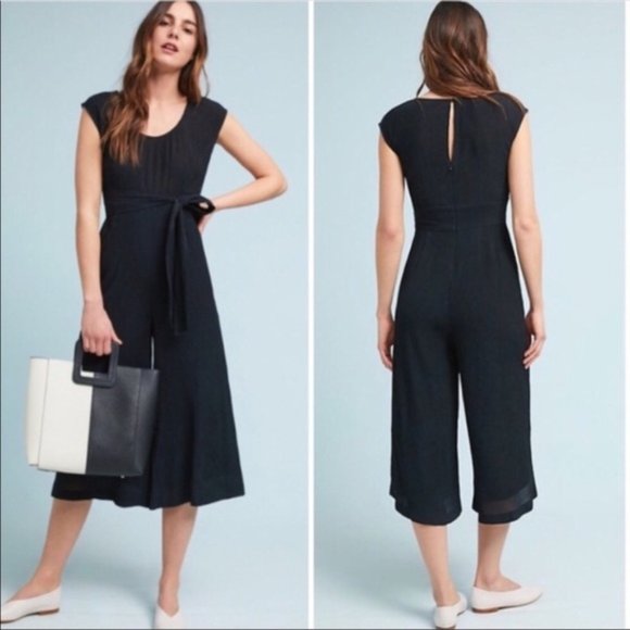 Anthropologie Pants - Anthropologie Jumpsuit Black Gauze Crop Wide Leg